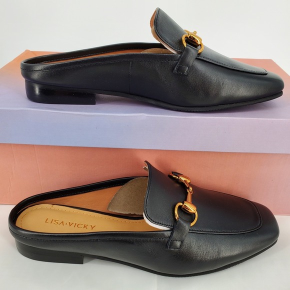Lisa Vicky Shoes - Lisa Vicky Womens 6M Black Leather Horsebit Mule Loafers Square Toe Backless